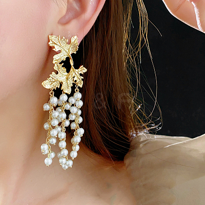 Alloy Plastic Pearl Bead Leaf Dangle Stud Earrings FS-WGB9C0C-01-1