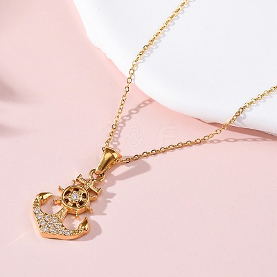 304 Stainless Steel Crystal Rhinestone Anchor Pendant Necklaces NJEW-Z057-01B-G-1