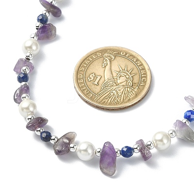 Natural Amethyst & Lapis Lazuli Chips & Shell Pearl Beaded Necklace for Women NJEW-TA00127-1