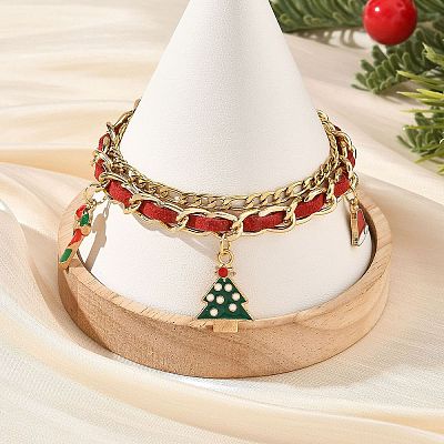 Alloy Enamel Christmas Tree Hat Candy Cane Charm Faux Suede Cord 304 Stainless Steel Woven Chain 2-Strand Bracelets BJEW-TA00763-1