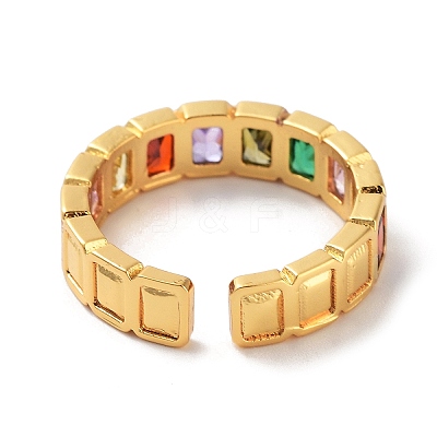 Rectangle Brass Micro Pave Cubic Zirconia Open Cuff Ring for Women RJEW-Z044-04G-01-1