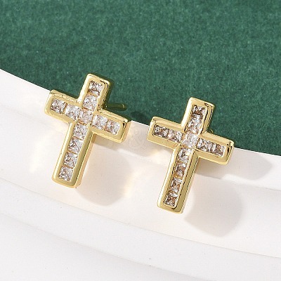 Brass Micro Pave Clear Cubic Zirconia Cross Stud Earrings EJEW-F400-22B-G-1