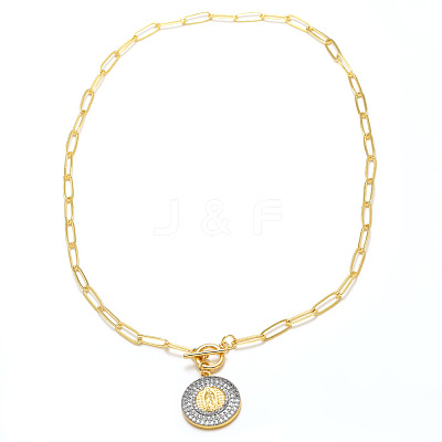 Duo Tone Religion Brass Micro Pave Clear Cubic Zirconia Flat Round Pendant Necklaces WGC6F64-03-1