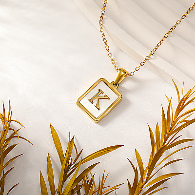 Rectangle 304 Stainless Steel Pave Natural White Shell Initial Pendant Necklaces for Women FS-WGB5EDA-11-1