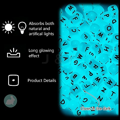 20Pcs Luminous Cube Letter Silicone Beads 12x12x12mm Square Dice Alphabet Beads with 2mm Hole Spacer Loose Letter Beads for Bracelet Necklace Jewelry Making JX437B-1