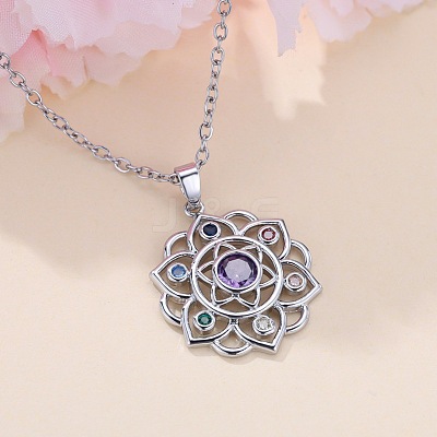 Chakra Lotus Flower Brass Pave Colorful Cubic Zirconia Pendant Necklaces for Women FS-WG17A97-01-1