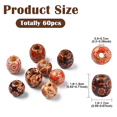 60Pcs 3 Styles Printed Natural Wood Beads WOOD-YW0001-31-1