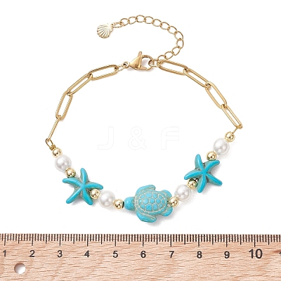 Synthetic Turquoise & Shell Pearl Beaded Link Bracelets BJEW-JB13807-01-1
