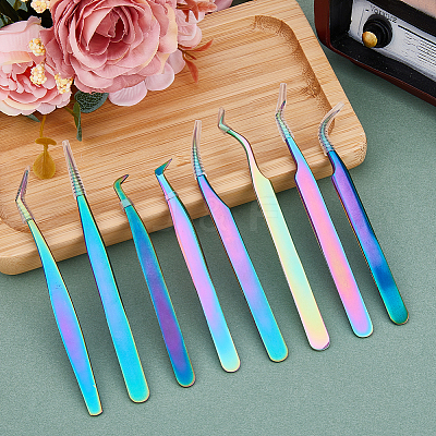8Pcs 8 Styles 430 Stainless Steel Eyelash Tweezers Clips TOOL-FH0001-57-1