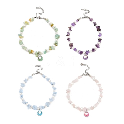 4Pcs 4 Styles Alloy Enamel Shell Shape Charm White Round Shell Pearl & Natural Rose Quartz & Flower Amazonite & Dyed Aquamarine & Amethyst Chip Beaded Anklets AJEW-AN00734-1