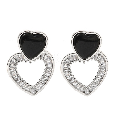 Brass Cubic Zirconia & Black Agate Stud Earrings EJEW-M048-03P-1