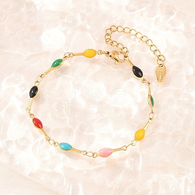 304 Stainless Steel Enamel Teardrop Link Chain Bracelets for Women BJEW-D460-12G-1