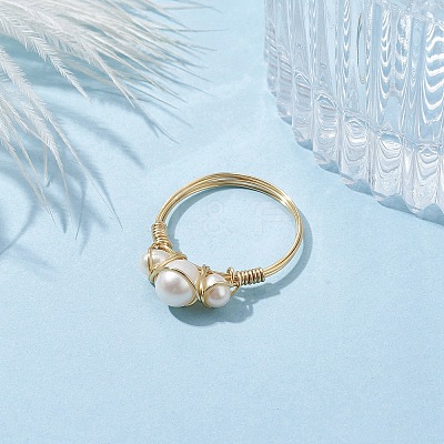 Copper Wire Wrapped Natural Cultured Freshwater Pearl Open Ring RJEW-JR00631-01-1