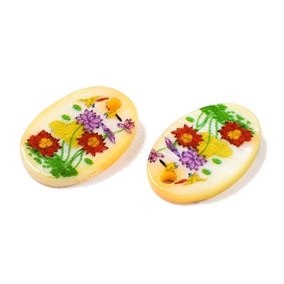 Natural Freshwater Shell Double Face Printed Oval Charms SHEL-T020-05F-1
