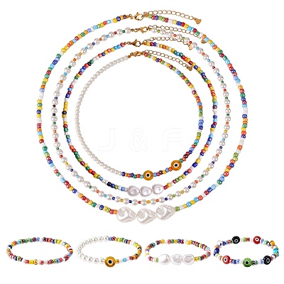 8Pcs 8 Style Natural Pearl & Glass Seed Jewelry Set SJEW-SW00004-1
