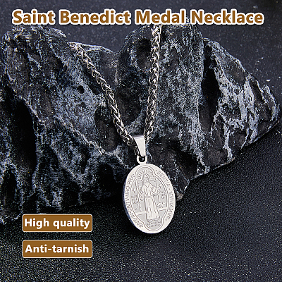 2Pcs Stainless Steel Saint Benedict Oval Medal Pendant Wheat Chain Necklaces NJEW-DC0001-20P-1
