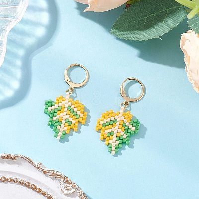 304 Stainless Steel Glass Seed Beads Leaf Leverback Earrings EJEW-MZ00536-03-1