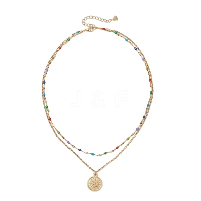 2Pcs 2 Styles 304 Stainless Steel Moon Sun Pendant Colorful Enamel Cable Chain Double Layer Necklaces for Women NJEW-JN05809-1