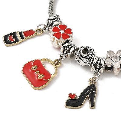 Makeup Theme Alloy Enamel Lipstick Handbag Shoe Charm Brass European Bracelets for Women BJEW-JB14237-01-1