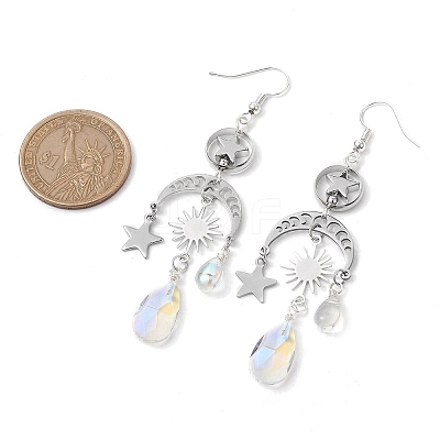 Moon & Star & Teardrop Brass & 304 Stainless Steel Chandelier Earrings EJEW-TA00397-1