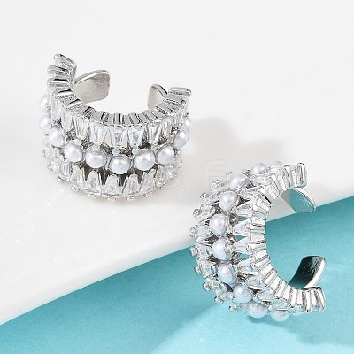 C-Shaped Brass Micro Pave Clear Cubic Zirconia Cuff Earrings EJEW-Z111-02P-1