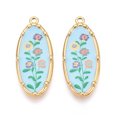 Printed Style 304 Stainless Steel Oval with Flower Pattern Pendants STAS-T071-27B-G-1