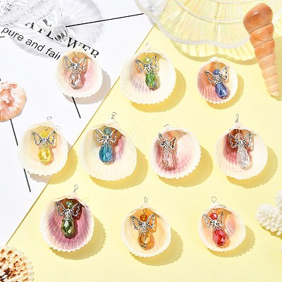 10Pcs 10 Colors Shell & Alloy Glass Angel Big Pendants PALLOY-CJ00051-1