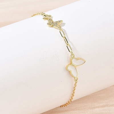 Brass Micro Pave Clear Cubic Zirconia White Butterfly Link Bracelets KK-CBA6980-21G-1