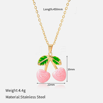 304 Stainless Steel Enamel Cherry Pendant Necklaces for Women WGA375D-03-1