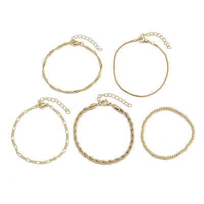 5Pcs 5 Styles Brass Chain Bracelets & Stretch Bracelets Set for Women BJEW-D357-03G-1