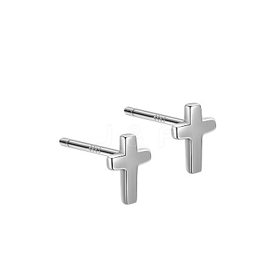 Anti-Tarnish Rhodium Plated Cross 999 Fine Silver Stud Earrings for Women EJEW-S215-23P-1