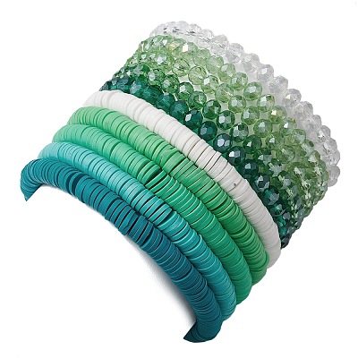 10Pcs Polymer Clay Disc & Glass & Brass Beaded Stretch Bracelets Set BJEW-JB09676-04-1