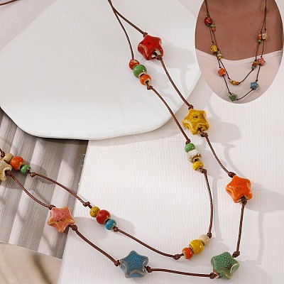 Bohemian Handmade Colorful Porcelain Beaded Waxed Cord Long Necklaces for Women FS-WGF474B-04-1