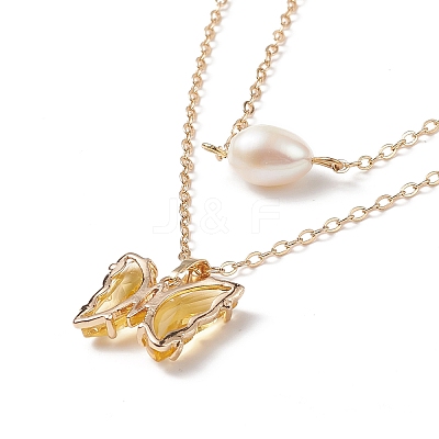 Glass Butterfly & Natural Pearl Pendants Double Layer Necklace with Clear Cubic Zirconia NJEW-TA00043-04-1