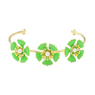 Alloy Flower with Imitation Pearl Beaded Open Cuff Bangle for Women LS-BJEW-D054-02G-02-1