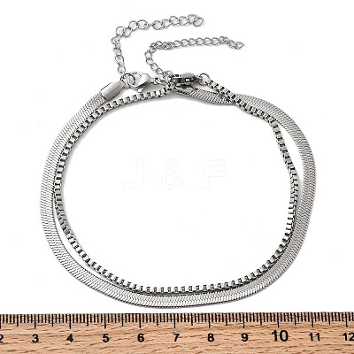 304 Stainless Steel Flat Snake Chain & Box Chain Double Layer Anklets for Women AJEW-F069-02P-1