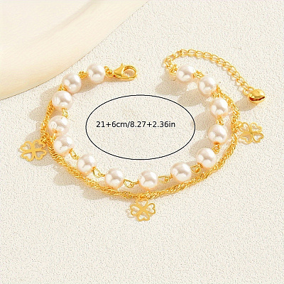 Elegant Brass & Imitation Pearl Double Layer Clover Pendant Anklets for Women's Fashion Style KI5971-1