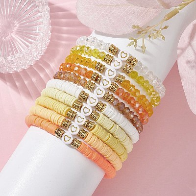 10Pcs Polymer Clay Disc & Glass & Brass Beaded Stretch Bracelets Set BJEW-JB09676-03-1