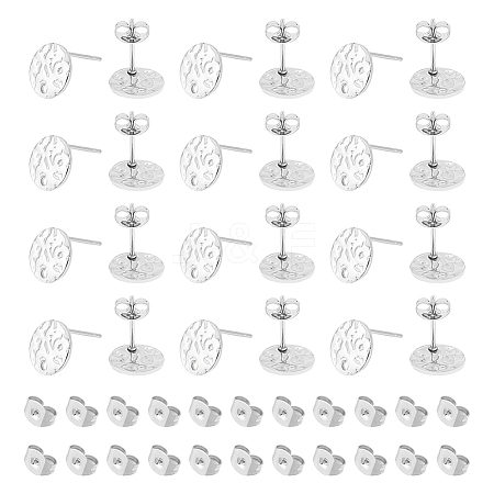 Unicraftale 60Pcs 201 Stainless Steel Textured Flat Round Stud Earring Findings STAS-UN0052-81-1