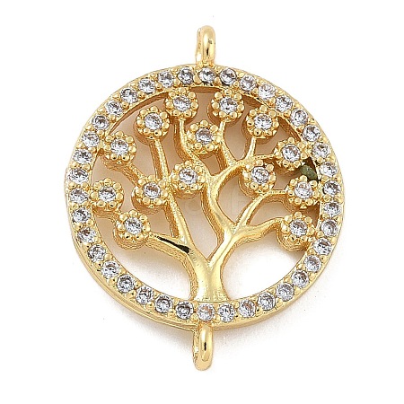 Rack Plating Brass Clear Cubic Zirconia Flat Round with Tree Connector Charms KK-A234-032G-1