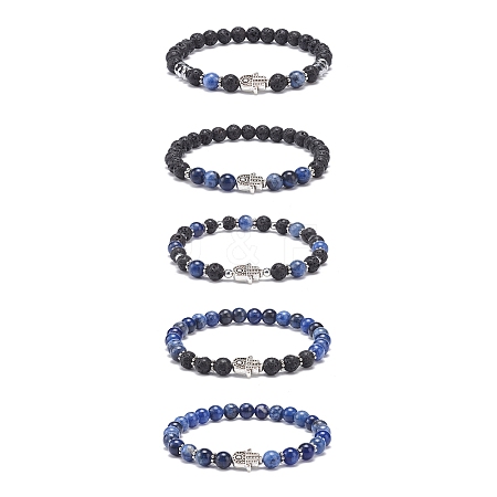 5Pcs 5 Style Natural Lava Rock & Sodalite Stretch Bracelets Set with Alloy Hamsa Hand Beaded BJEW-JB08737-1