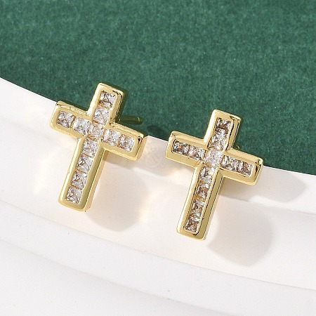Brass Micro Pave Clear Cubic Zirconia Cross Stud Earrings EJEW-F400-22B-G-1