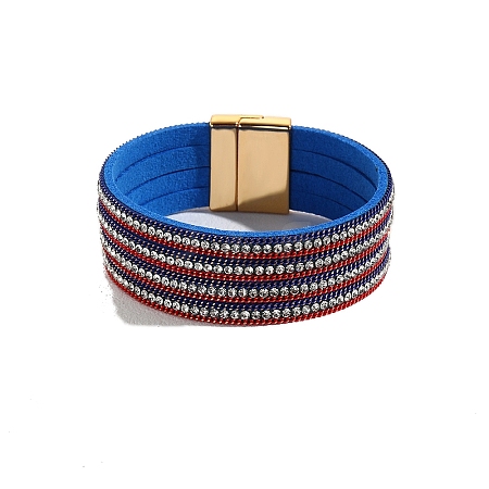 USA Flag Style Imitation Leather Cord Bracelet with Rhinestone and Magnetic Clasp PW-WGC0686-01-1