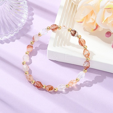Rice Natural Ferruginous Quartz & Round Brass Beads Stretch Bracelets for Women BJEW-JB13817-1