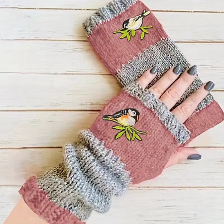 Acrylic Fibers Bird Pattern Knitting Fingerless Gloves PW-WG647CB-03-1