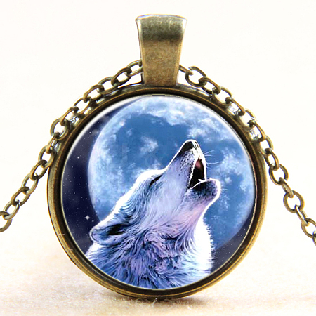 Wolf Pattern Flat Round Glass Pendant Necklaces NJEW-N0051-013B-01-1