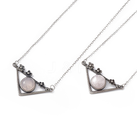 Natural Rose Quartz Triangle with Flower Pendant Necklace NJEW-P274-01AS-04-1