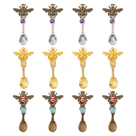 12Pcs 3 Colors Alloy Coffee Tea Spoon & Bee Pendants PALLOY-GA00013-1