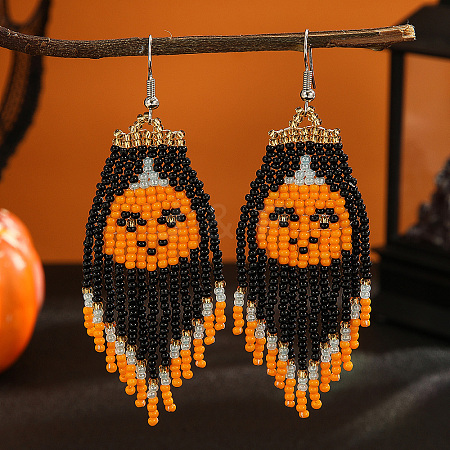 Bohemian Style Pumpkin Glass Bead Handmade Tassel Earrings for Women CB7353-1