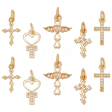   10Pcs 5 Styles Real 18K Gold Plated Brass Micro Pave Cubic Zirconia Pendants KK-PH0006-48-1